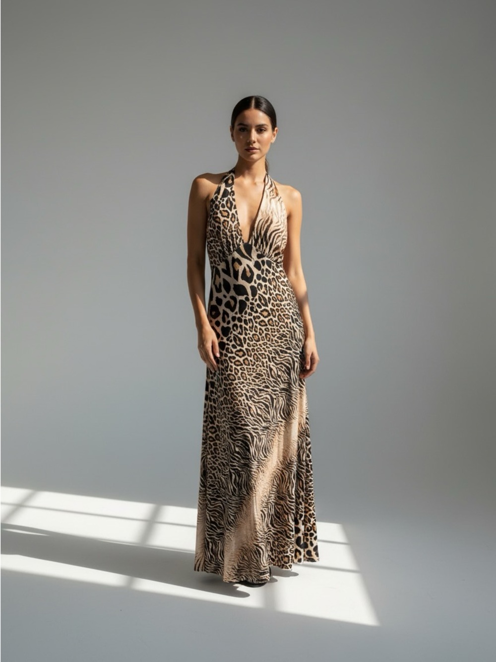 New Avec Les Filles Beige and Black Animal-Print Halter Maxi Dress size 6